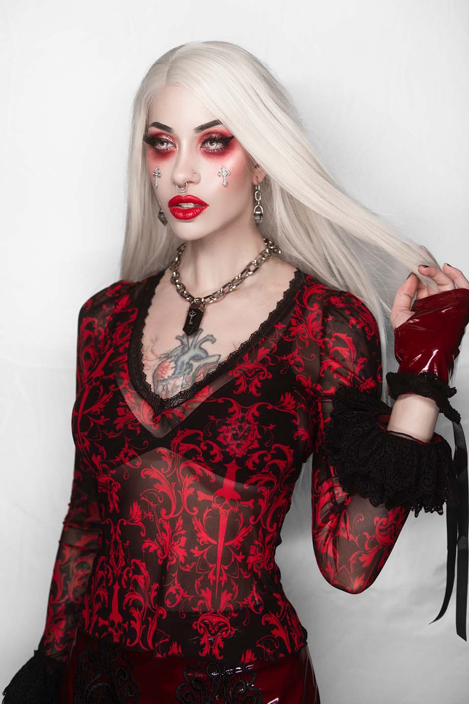 Bloodlust Mesh Deep V-neck Top with Lace Cuff