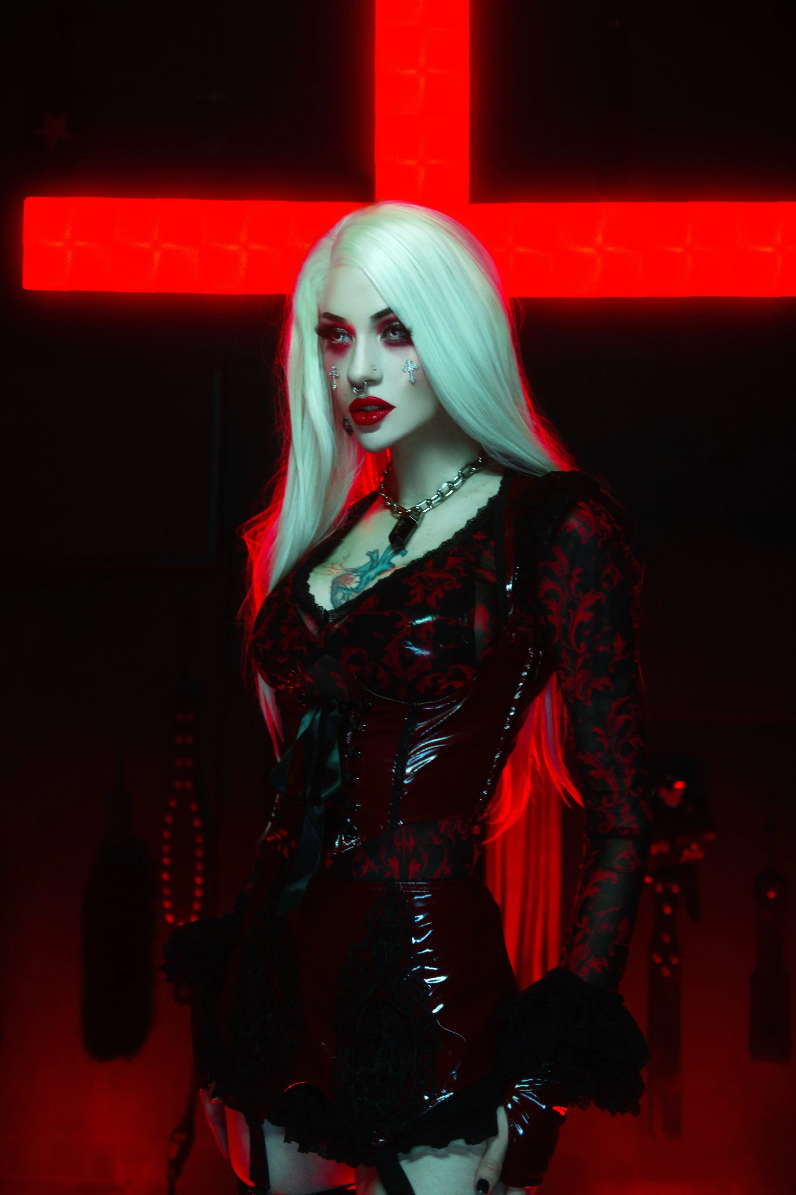 Bloodlust Mesh Deep V-neck Top with Lace Cuff - Image 3