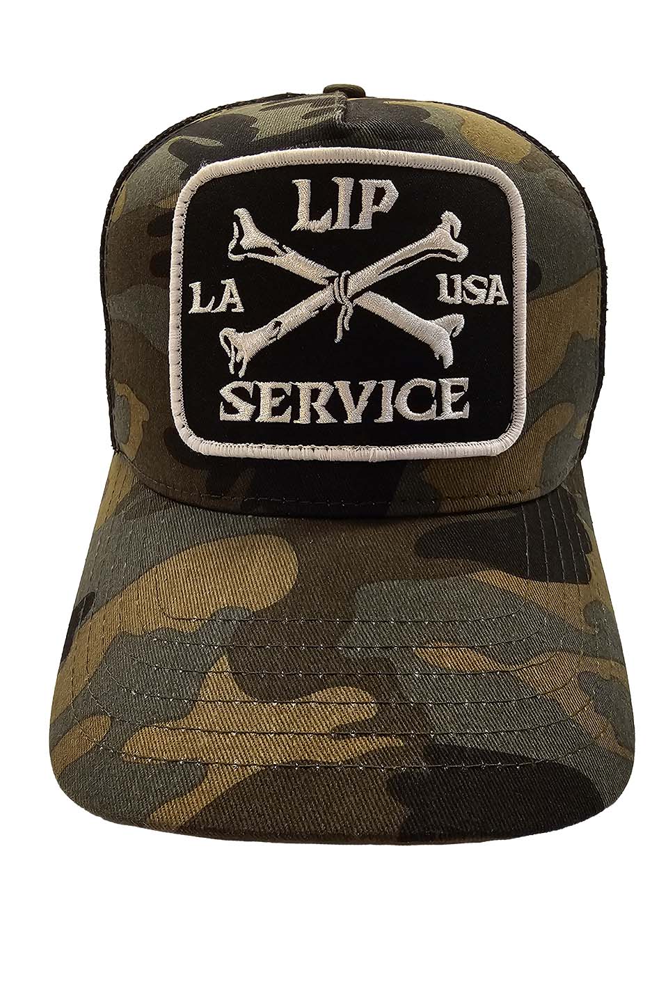 Cross Bones Patch Camo Trucker Snapback Hat - Image 6