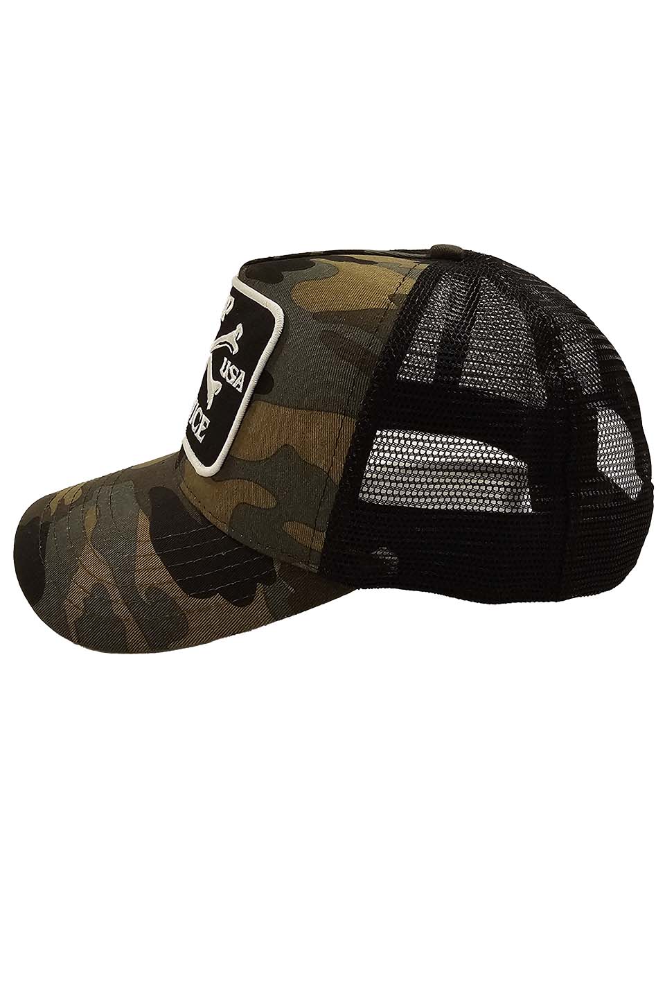 Cross Bones Patch Camo Trucker Snapback Hat - Image 7