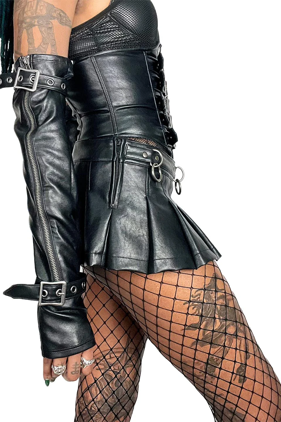 Elbow Length Fingerless Gloves in Matte Black Vegan Leather - Image 2