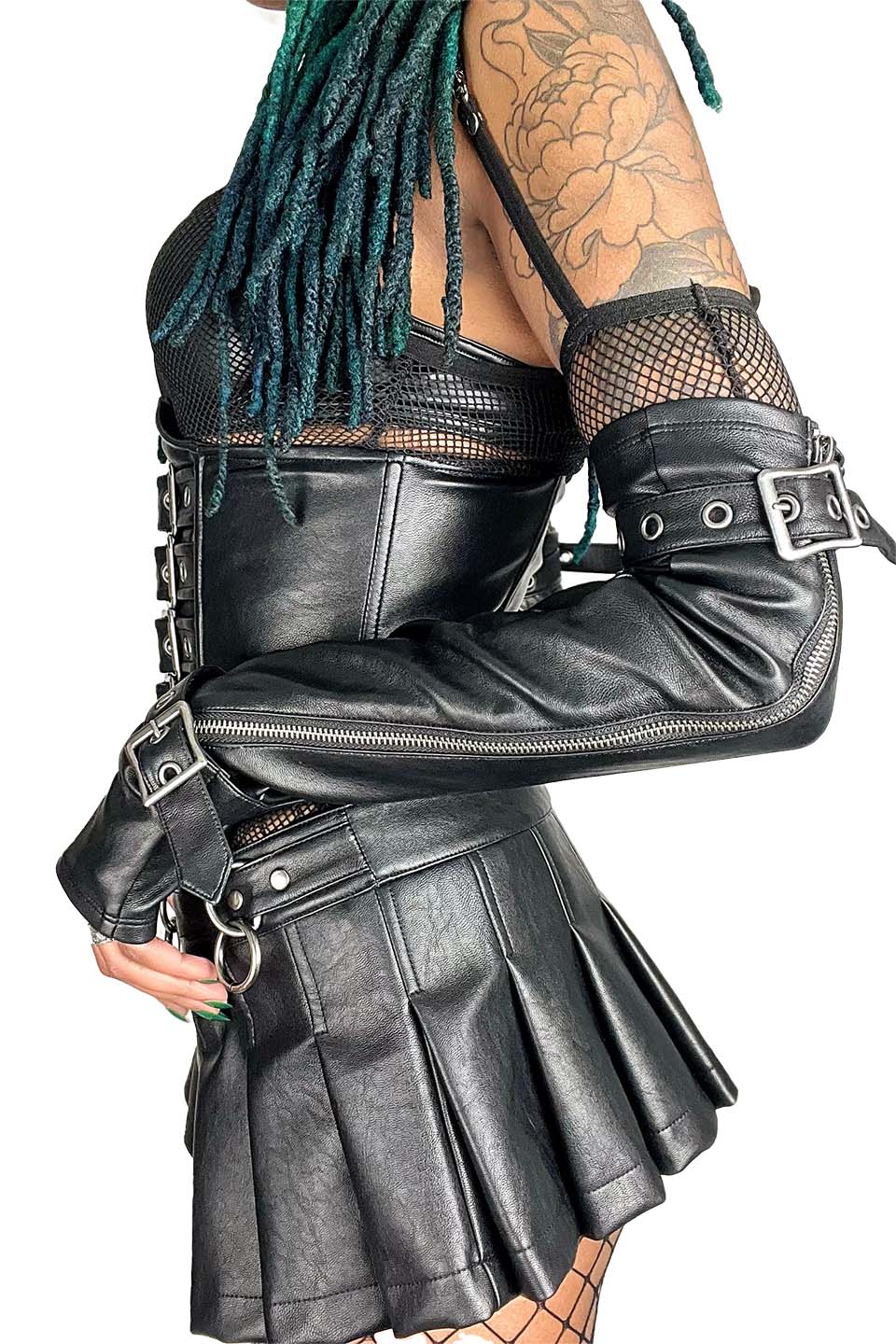 Elbow Length Fingerless Gloves in Matte Black Vegan Leather - Image 6