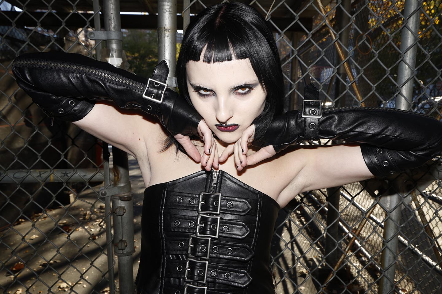 Elbow Length Fingerless Gloves in Matte Black Vegan Leather - Image 7