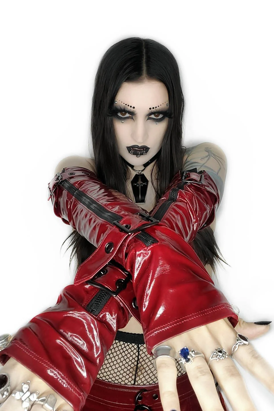 Elbow Length Fingerless PVC Gloves in VAMPIRE RED - Image 3