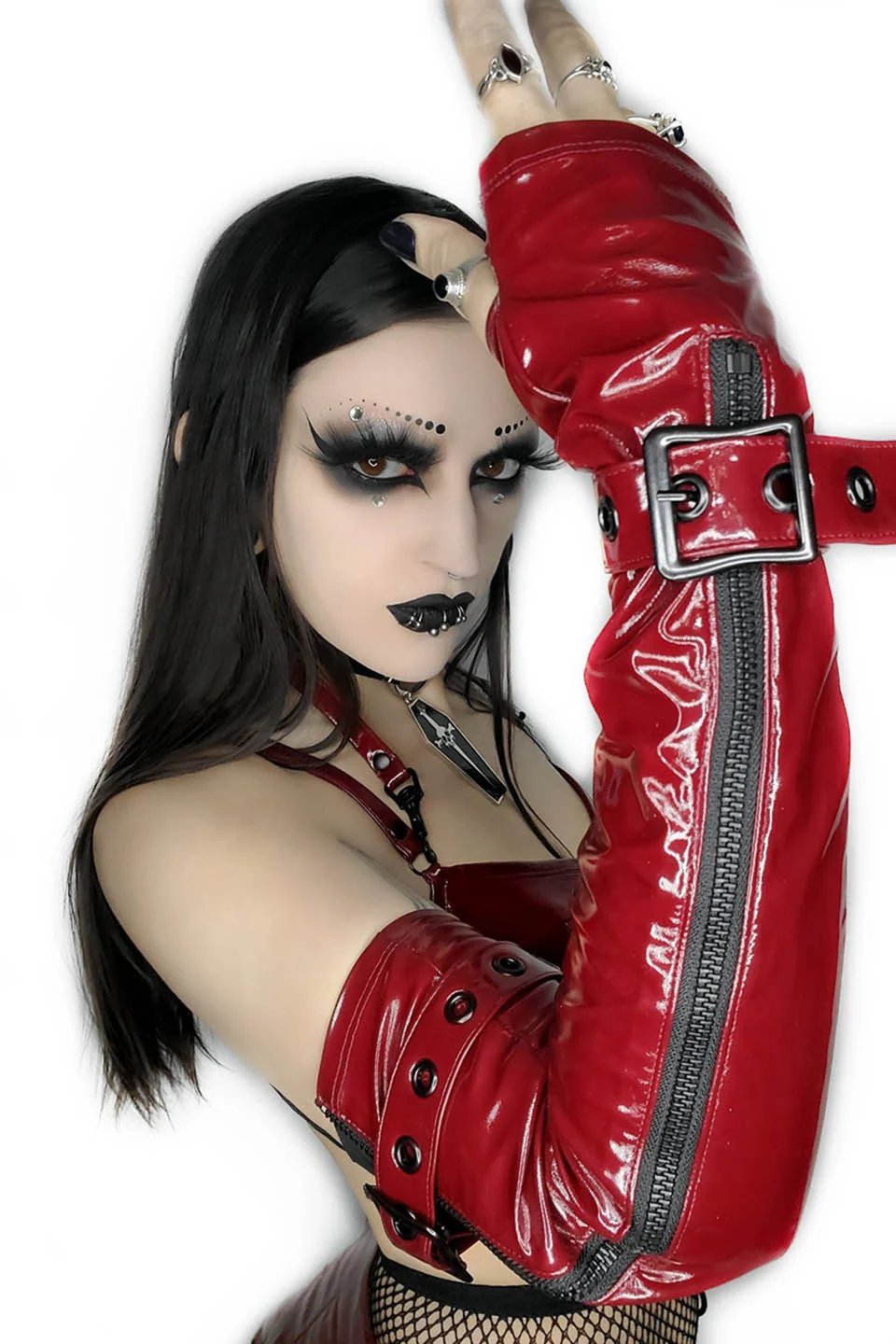 Elbow Length Fingerless PVC Gloves in VAMPIRE RED - Image 5