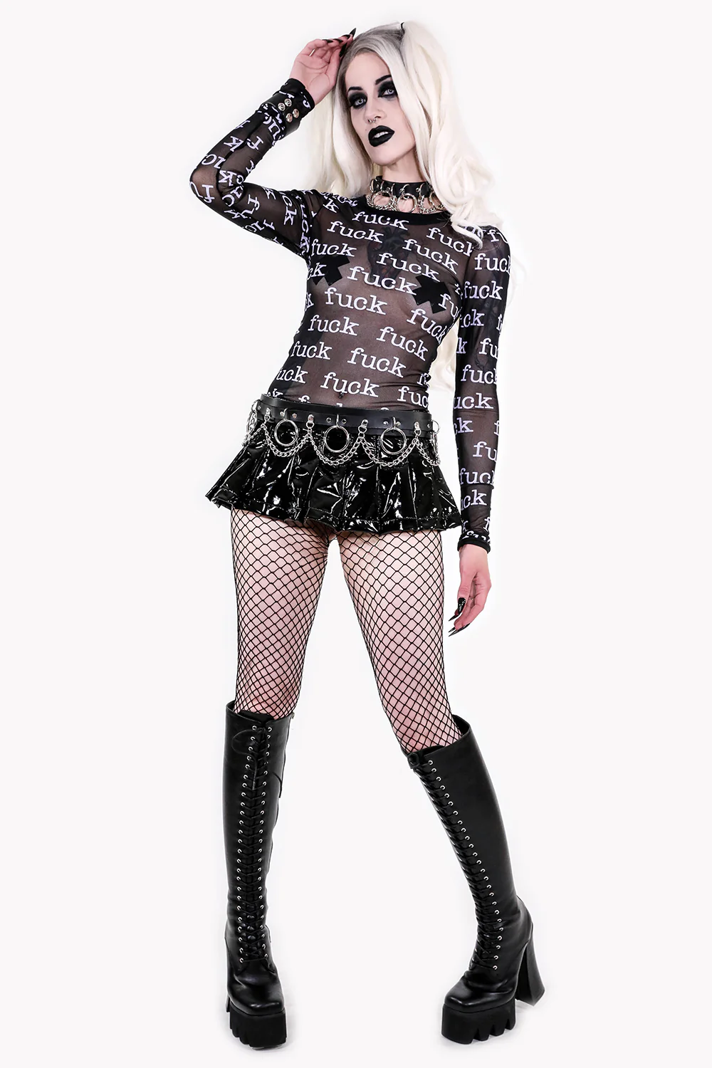 FUCK Print Sheer Mesh Long Sleeve Top - Image 4