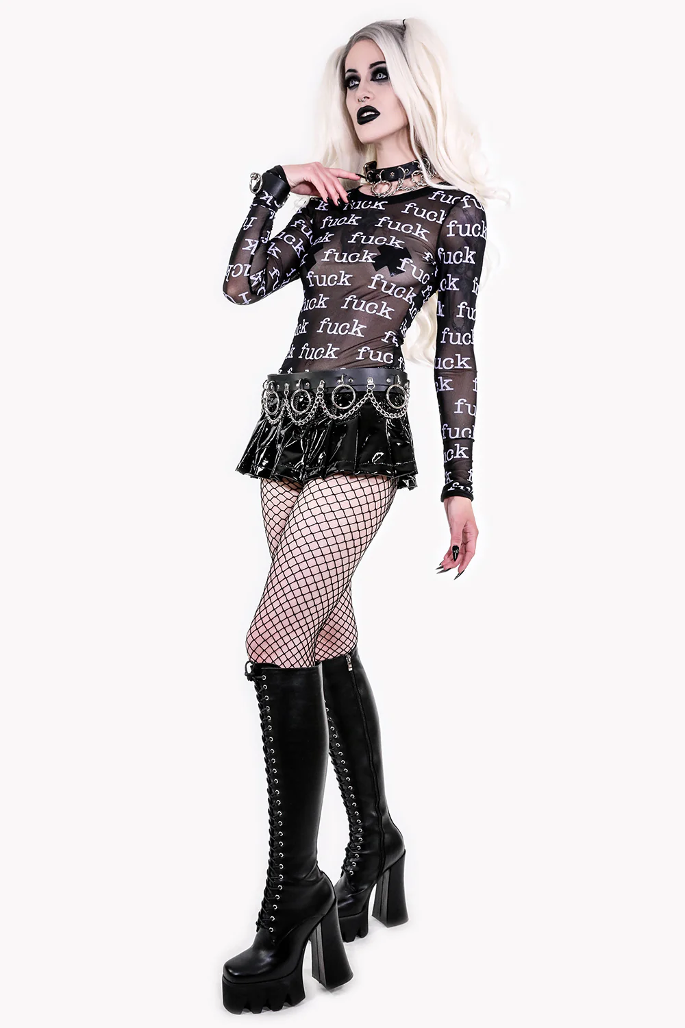 FUCK Print Sheer Mesh Long Sleeve Top - Image 5