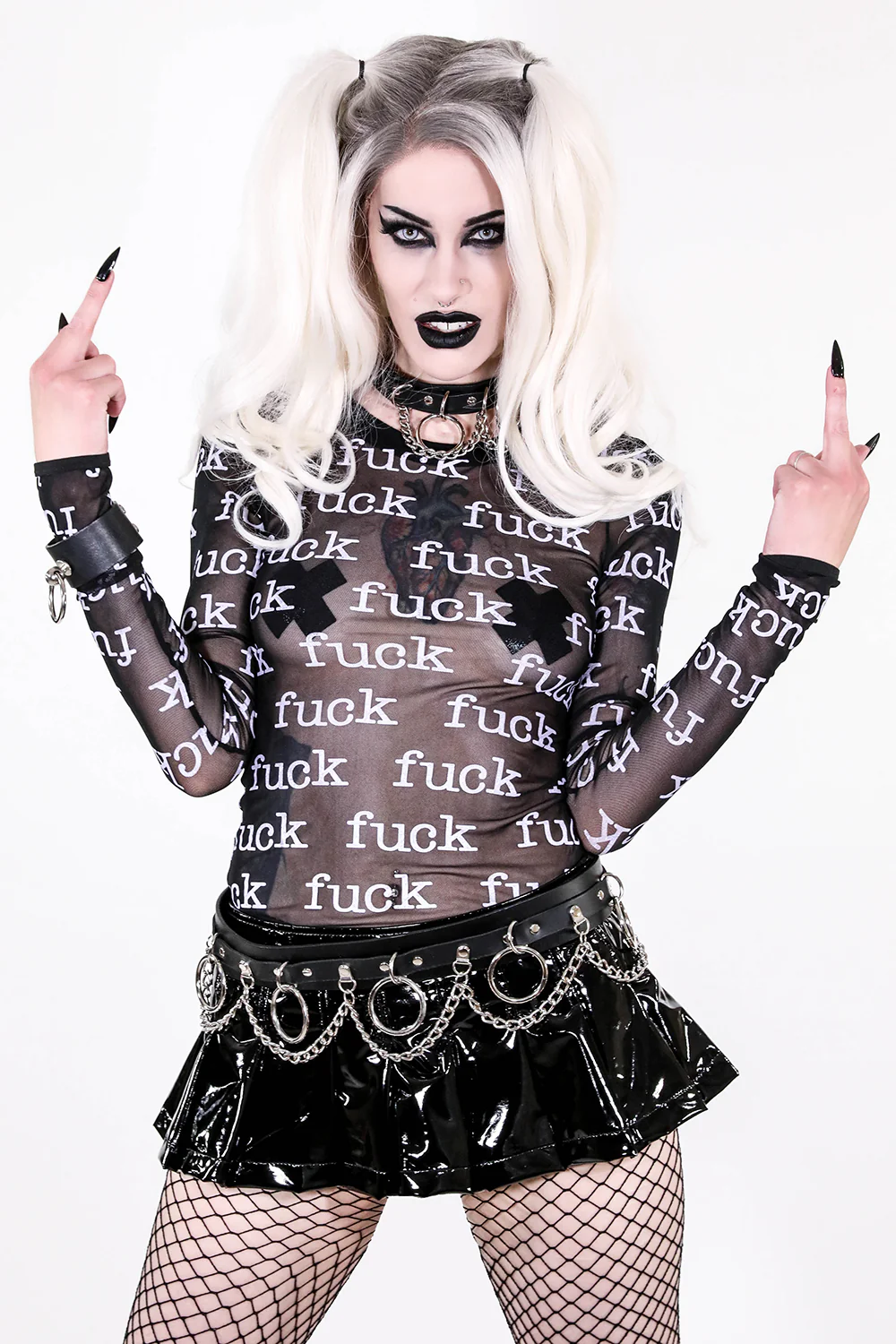 FUCK Print Sheer Mesh Long Sleeve Top - Image 7
