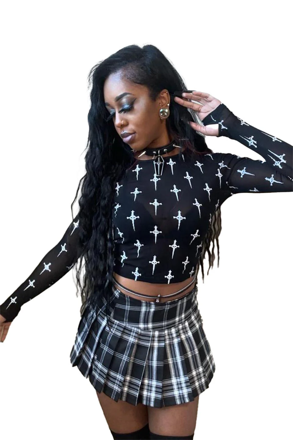 Dagger Mesh Sheer Logo Print Long Sleeve Top - Image 4