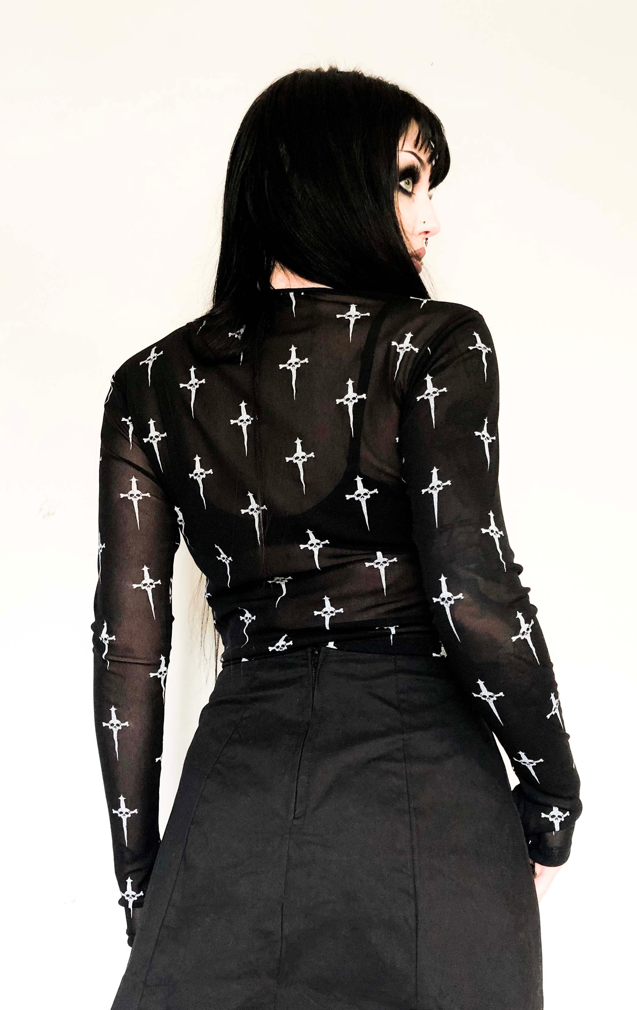Dagger Mesh Sheer Logo Print Long Sleeve Top - Image 7