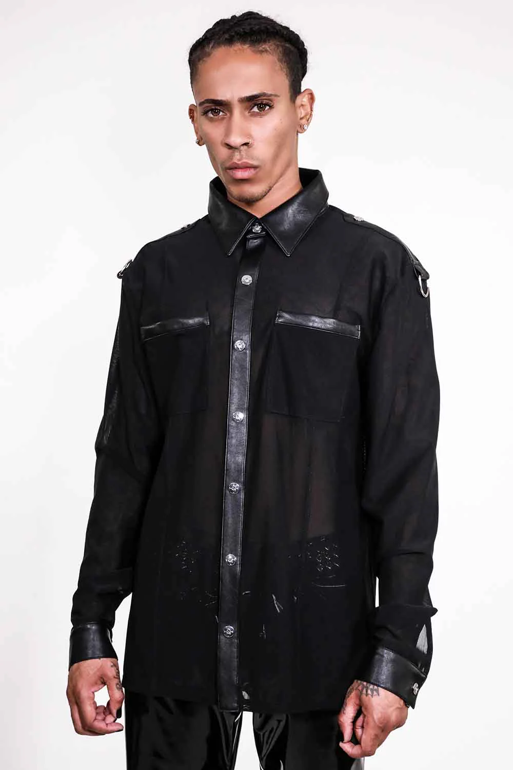 Men's Long Sleeve Mesh Top with PU details