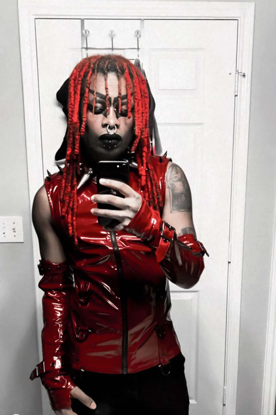 Men's Dungeon Master Sleeveless Vinyl PVC Shirt in Vampire Red - Image 12