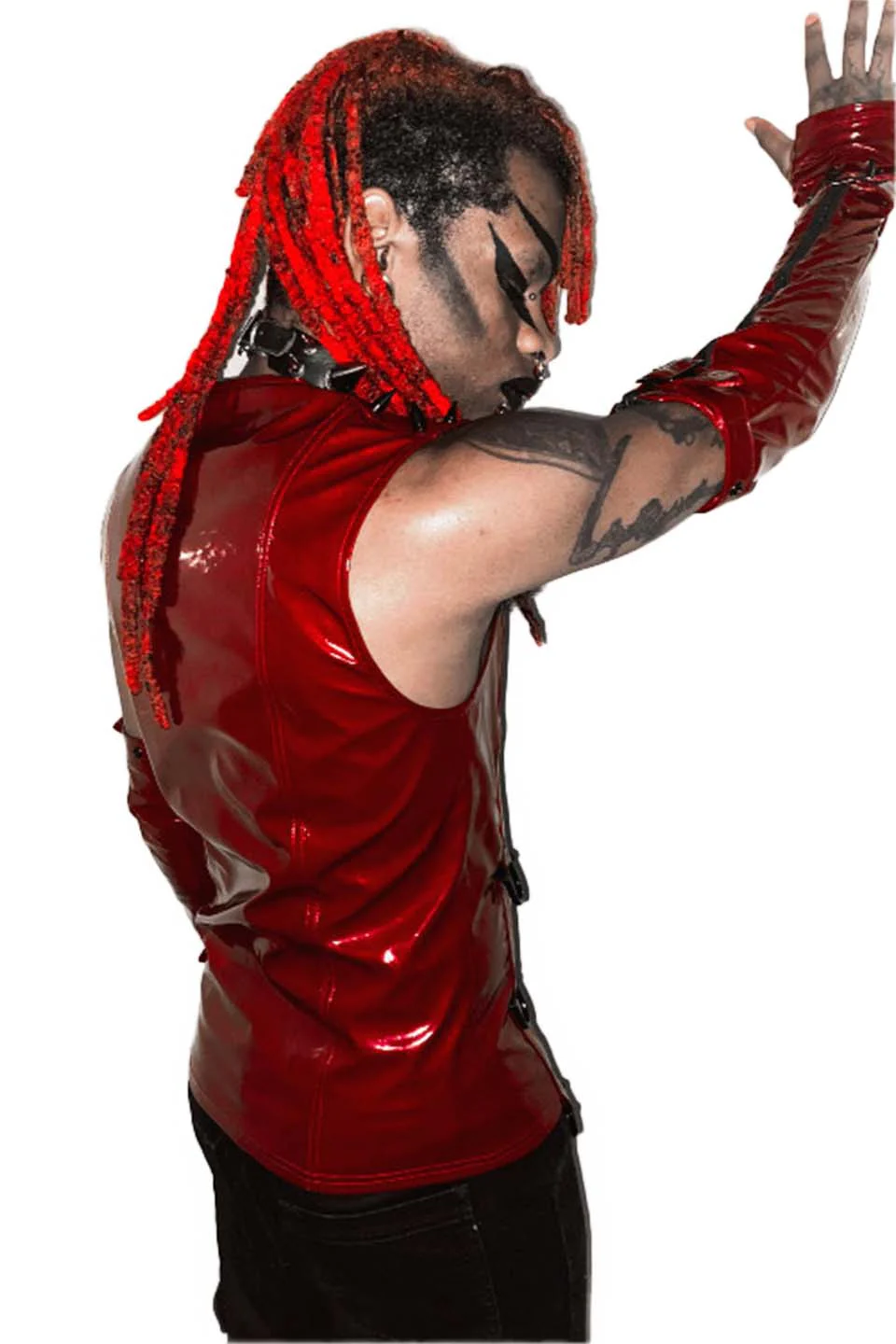 Men's Dungeon Master Sleeveless Vinyl PVC Shirt in Vampire Red - Image 3
