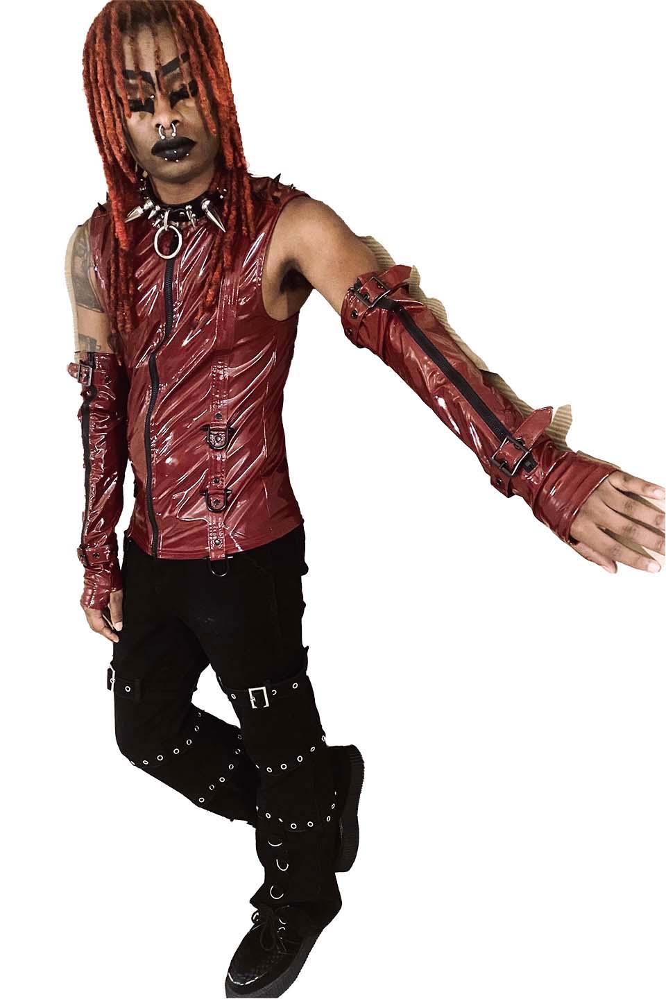Men's Dungeon Master Sleeveless Vinyl PVC Shirt in Vampire Red - Image 6