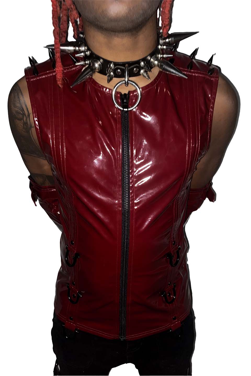 Men's Dungeon Master Sleeveless Vinyl PVC Shirt in Vampire Red - Image 8