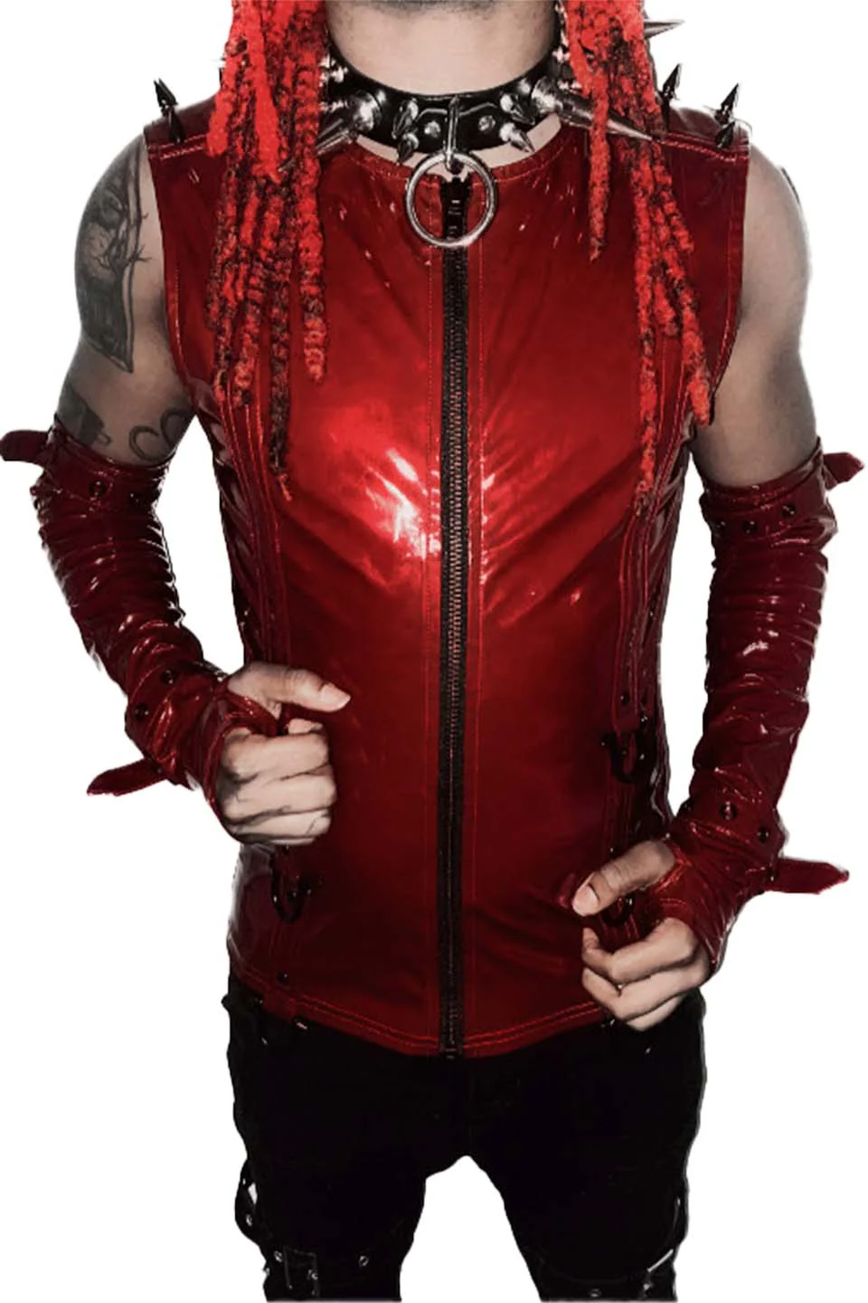 Men's Dungeon Master Sleeveless Vinyl PVC Shirt in Vampire Red - Image 9