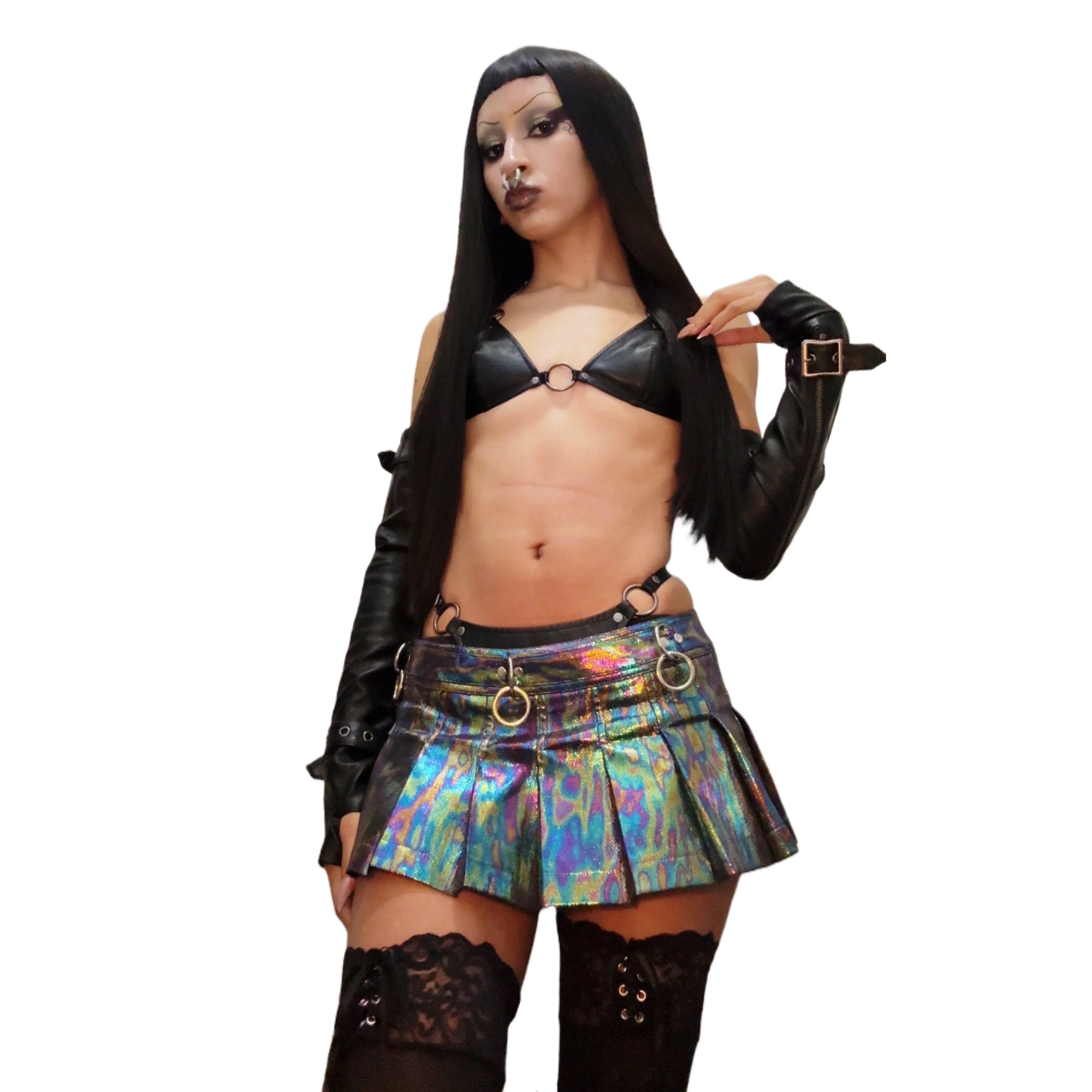 Oil Spill Pleated Micro Mini D-ring Skirt