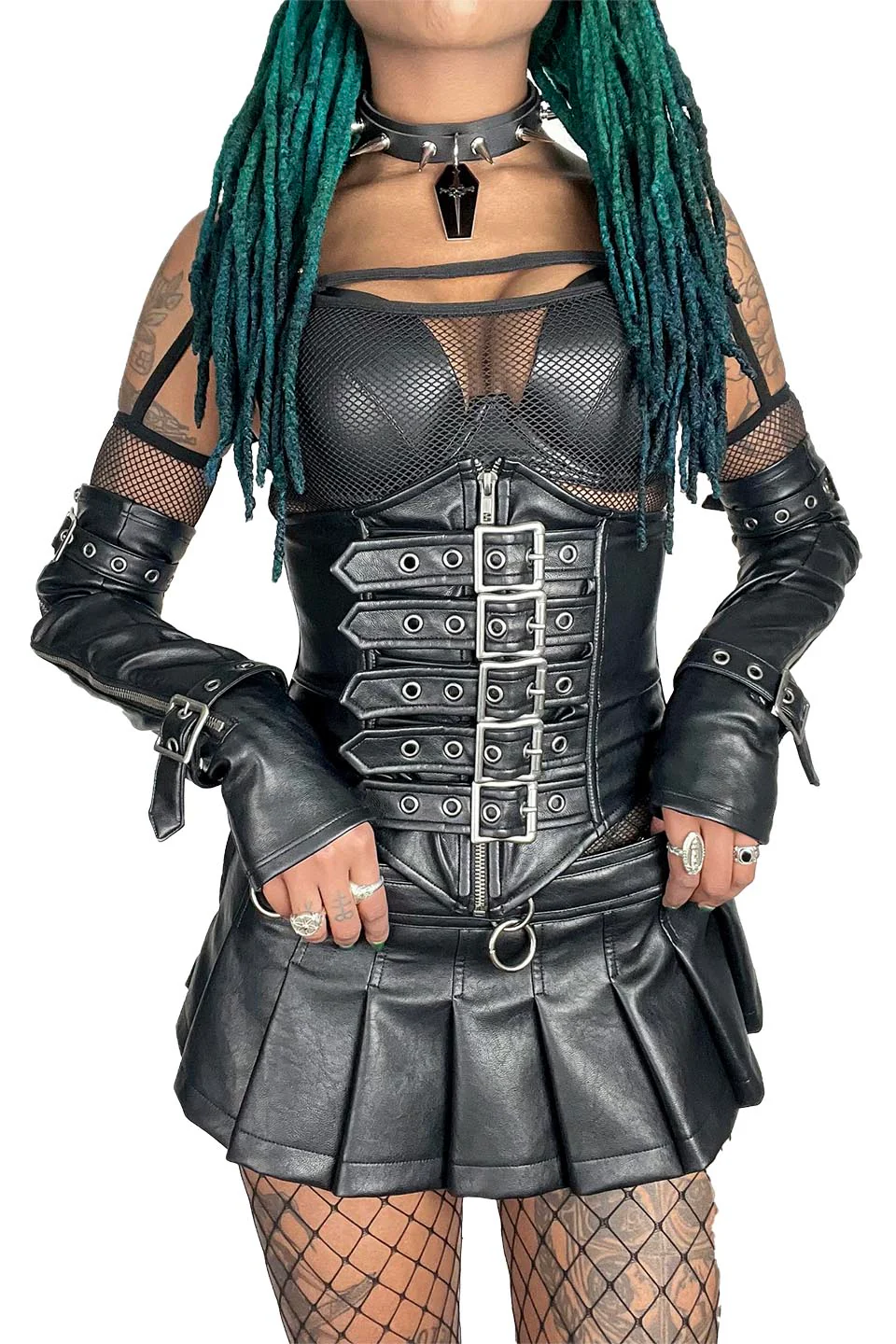 Pleated Micro Mini Bondage Skirt in Matte Black Vegan Leather - Image 6