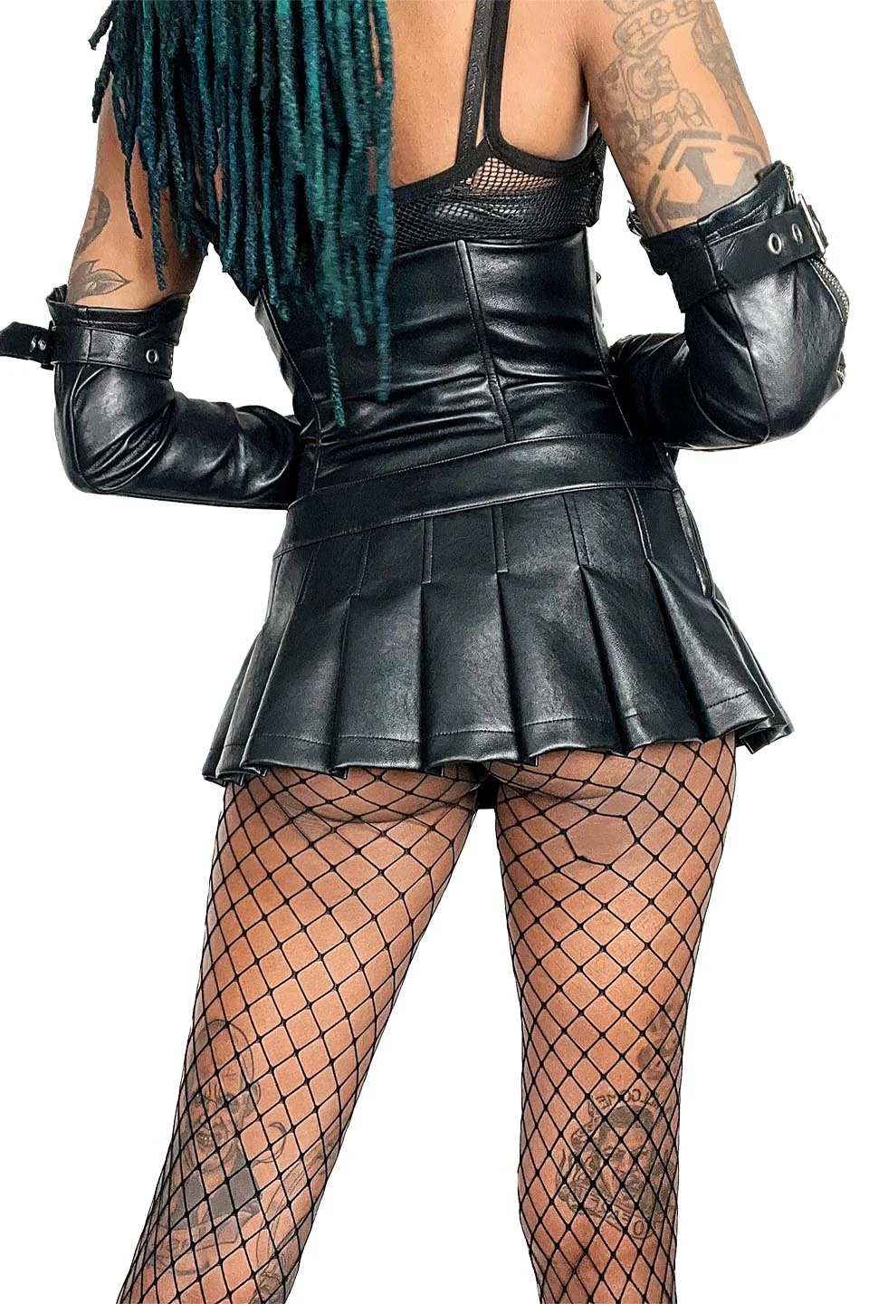Pleated Micro Mini Bondage Skirt in Matte Black Vegan Leather - Image 8