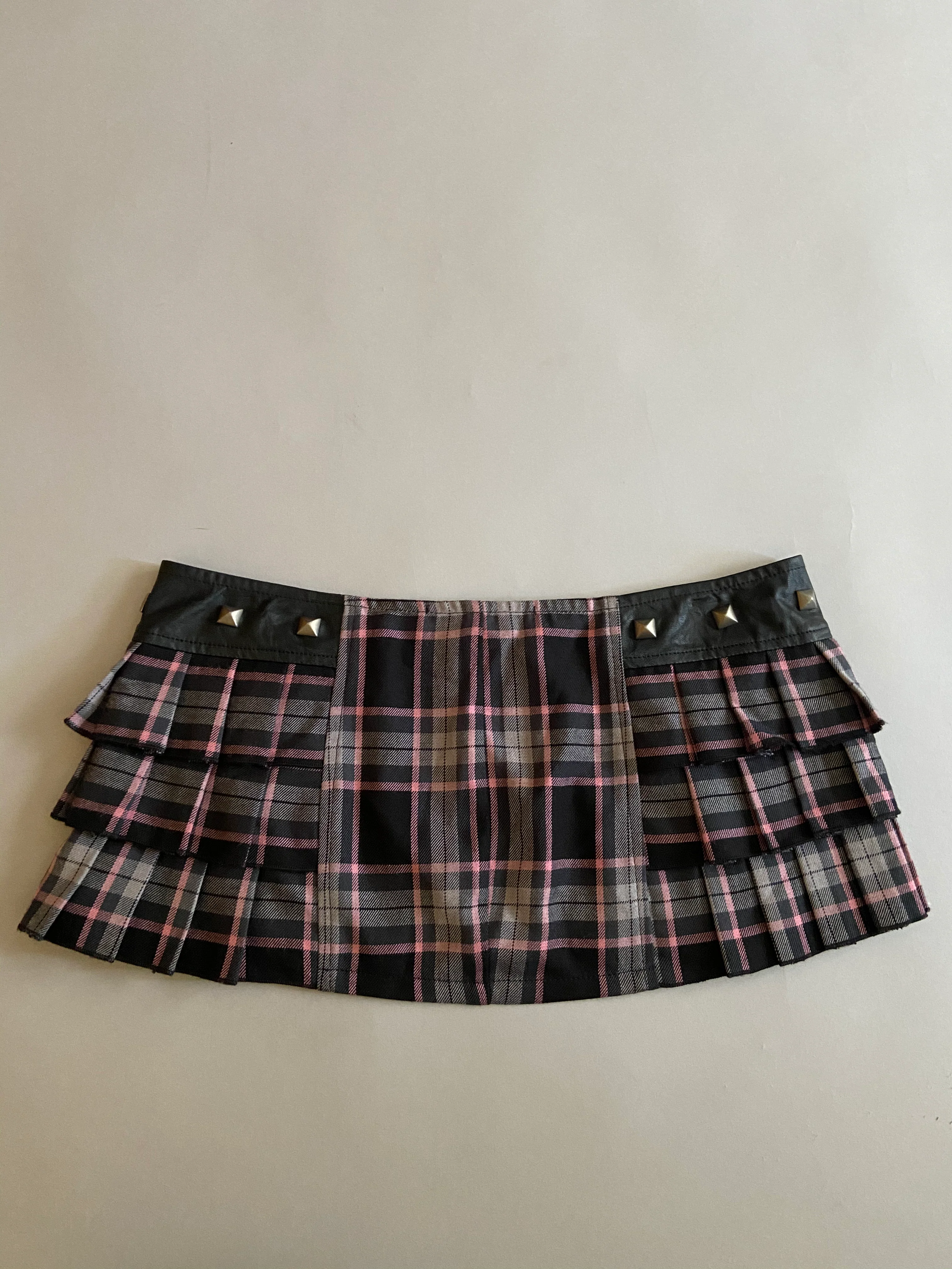 Vintage Lip Service Black/Pink/Gray Plaid & PU Micro Mini with Zip Front - Image 2