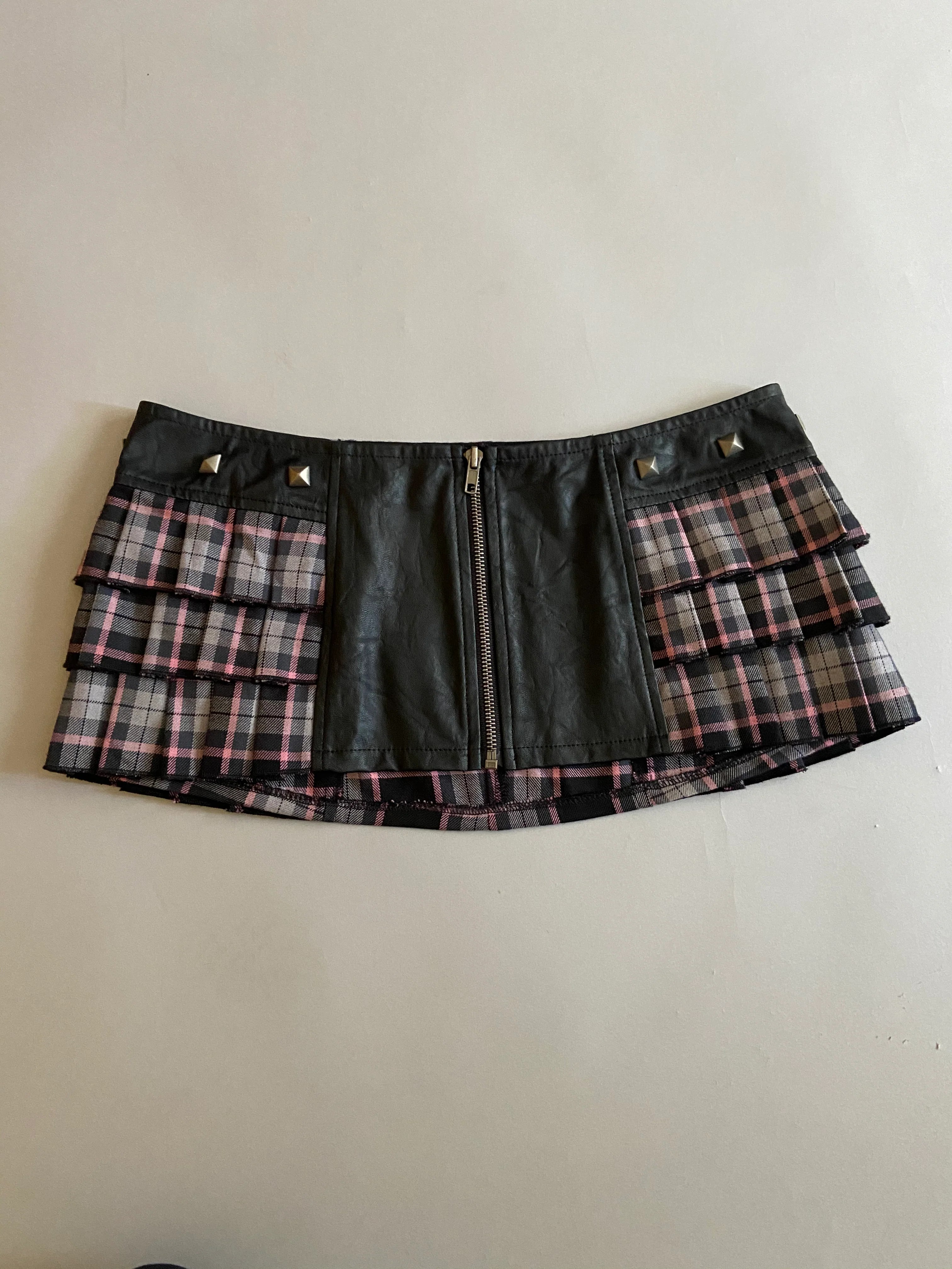 Vintage Lip Service Coated Black and Pink Plaid Peated Hem Micro Mini. - Image 2